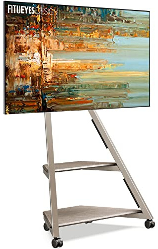 FITUEYES Design Corner TV Stand for 32 43 50 55 65 Inch TVs, Small Spaces Floor TV Stand Rolling TV Cart for LCD/LED Flat Curved Screens, Modern Living Room TV Stands, Eiffel Series, Morandi Grey