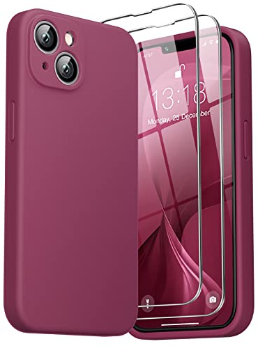 GOODVISH 3 in 1 Liquid Silikon Hülle für iPhone 14 Hülle, WeinRot | mit 2 Stück Schutzfolie, Stoßfester Kratzfestem Handyhülle Schutzhülle Soft Mikrofaserfutter Case für iPhone 13 6.1