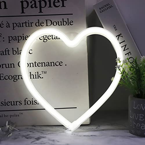 Vicila Heart Neon Lights Christmas Decorations, Love Shaped Lamp USB/Battery Operated Night Lights for Gift, Bedroom, Wall, Festival, Party, Valentine’s Day Decor-Heart(White)
