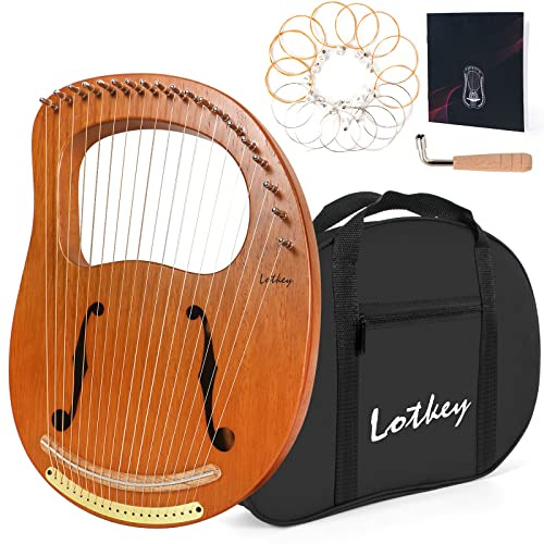Lyre Harp, Lotkey 19 Metal Strings Iron Saddle Mahogany Lyre Harp with Tunning Wrench, Extract Strings, Manual and Gig Bag