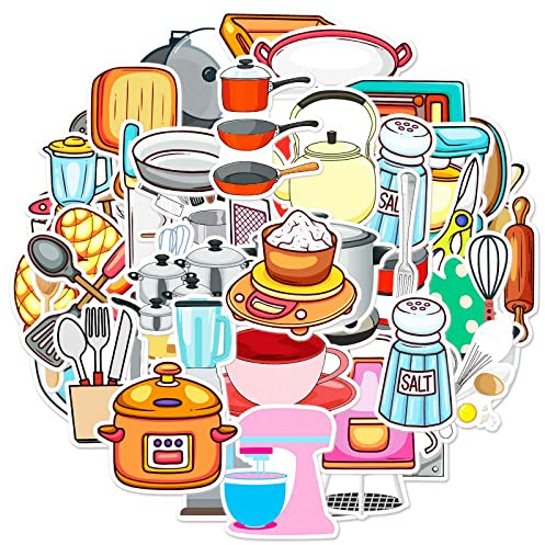 Daily Kitchen Utensil Stickers for Water Bottle,Waterproof Vinyl 50pcs Stickers for Laptop Computer Phone Bumper Skateboard Luggage Decals for Teens Adults