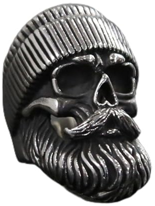 XJruixi Punk Big Beard Wear Hat Skull Ring Men Boys Stainless Steel Old Man Skull Biker Rings Cool Hip Hop Jewelry Creativity Gift