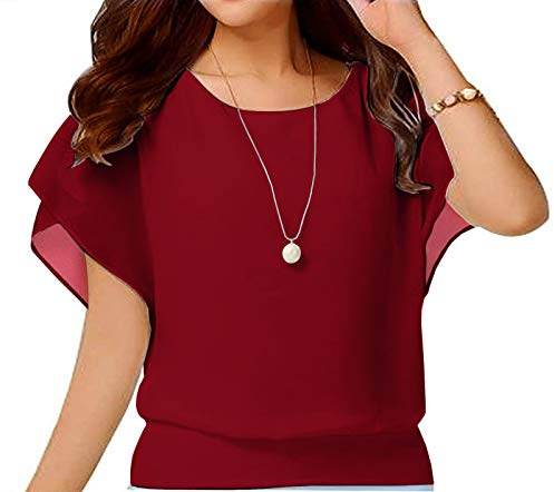 Yommay Blusas de verano para mujer, elegantes e informales, blusas de gasa para mujer, camisetas de manga corta, rojo vino, L
