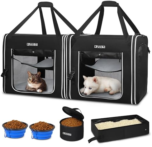 Petskd Portable Double Cat Carrier with Litter Box for Multiple Cats 2in1 Car Travel Carriers 36x17x17in Dual Large Cat Carrier with Safety Locking Zippers for Long Distance Travel