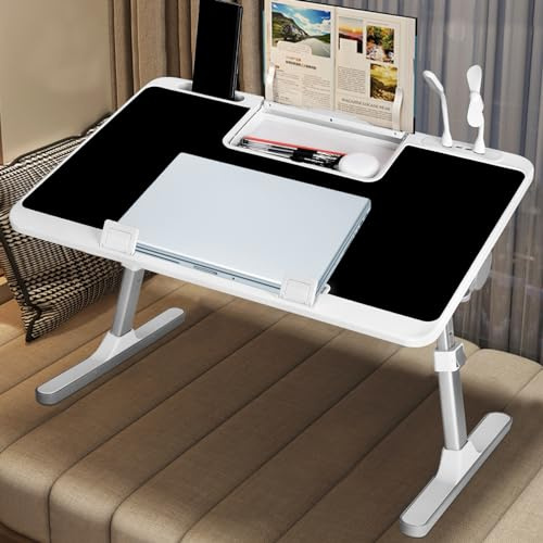 Table de lit USB pour ordinateur portable, hauteur et angle réglables, support pliable pour ordinateur portable avec port de charge USB, support de livre et tiroir, fente pour cartes, portable pour