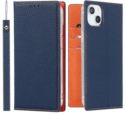 ELTEKER Hülle iPhone 13 Mini Handyhülle [Echtes Leder] Klapphülle mit Kartenfach,Schutzhülle Leder Hülle für iPhone 13 Mini-Blau