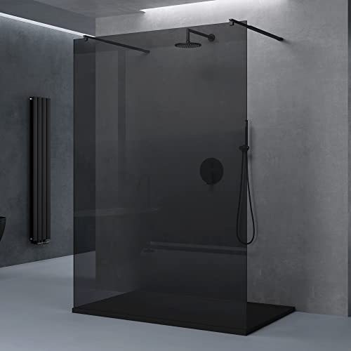 doporro Duschwand für Dusche Duschabtrennung 130x200 Walk-In schwarz mit Doppel-Stabilisator aus Echtglas 8mm ESG-Sicherheitsglas Vollgrau inkl. Nanobeschichtung