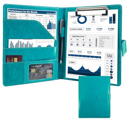 Schreibmappe A5 Klemmbrett Mappe mit Magnetischer Verschluss, organizer büro mappe, Türkis Ordner, Dokumentenmappe für Unternehmen