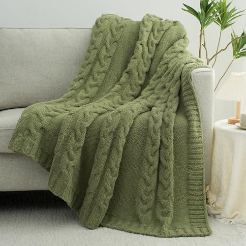 GINAMUSE Grobstrickdecke, superweich, flauschige Mikrofaser, gemütlich, warm, Winterdecken für Couch, Sofa, Bett, Doppelgröße, 152,4 x 203,2 cm, Olivgrün