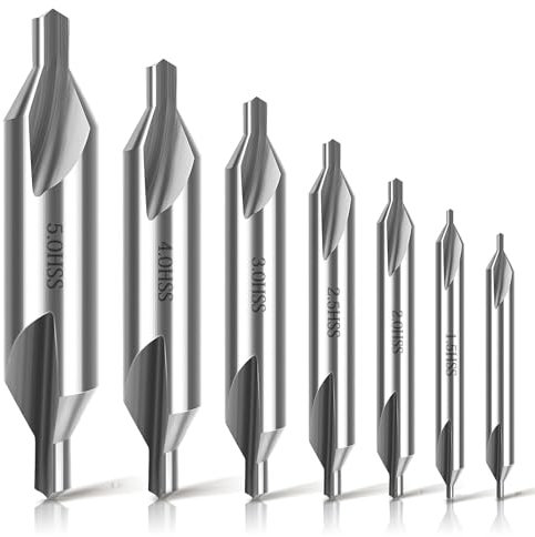 SUNJOYCO M2 Hochgeschwindigkeitsstahl-Zentrierbohrer-Set, 7-teiliges Zentrierbohrer-Set, 60-Grad-Winkel-Senker-Werkzeuge für Drehmaschinen-Metallbearbeitung, Größe 1,0, 1,5, 2,0, 2,5, 3,0, 4,0, 5,0