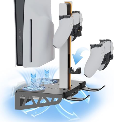 TicEaik Wall Mount for PS5 Pro/Slim with Charging Station, Stand with Dual Controller Charger and Headphone Hanger and 3-Level Silent Fan Accessories