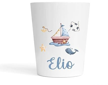 Gobelet Enfant Personnalisé Thème Marin – Bateau, Baleine & Prénom – Gobelet Incassable 230ml Sans BPA – Tasse École ou Crèche – Cadeau Rentrée Scolaire
