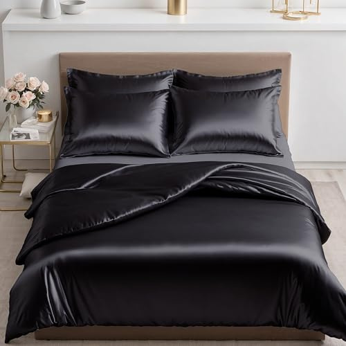 Cozyor Biancheria da letto in raso 155 x 220 cm, extra spessa e morbida, con robusta chiusura lampo, 2 federe 80 x 80 cm, elegante raso, 3 pezzi, nero Eclipse