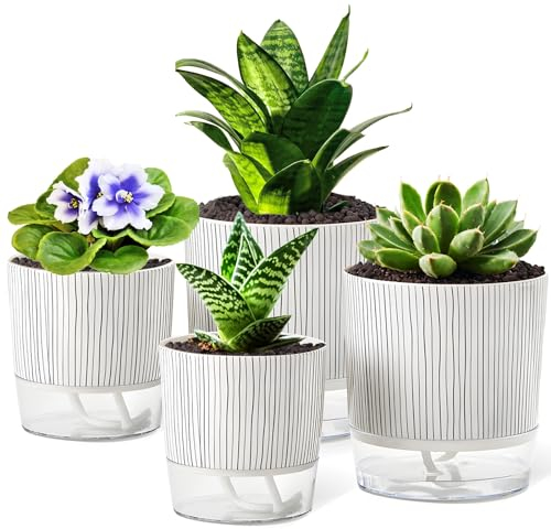 Juego de 4 macetas de riego automático, macetas de riego automático de 4.3 + 5.5 pulgadas para plantas de interior, maceta con cuerda de mecha y depósito para violeta africana, planta araña, orquídea