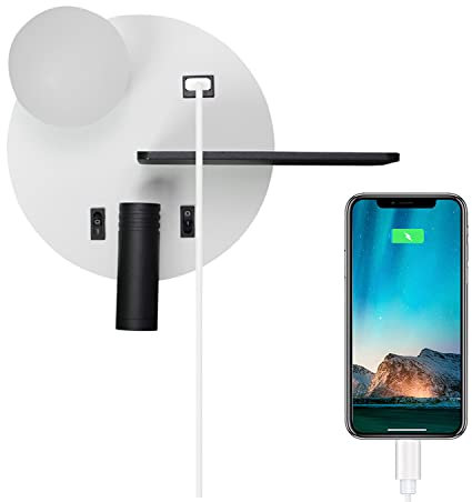 Wall Lamp Indoor Bedroom Night Light Adjustable Reading Lamp Round Wall Light with Switch Bedside Lamp with USB Port and Qi Wireless Charger, White Wall Sconce LED 3000K for Living Room Hotel