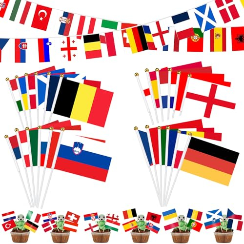 24 Länder Fahnen Wimpelkette 14x21cm + 48 Internationale Zahnstocherflaggen + 24 Länder EM Flagge Handgehaltene Flaggen Doppelseitige EM Deko für Haus Garten Bar Restaurant Party Deko