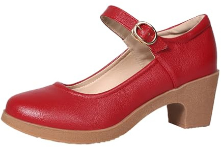 MVNB Womens Mid Block Heels Mary Jane Ankle Strap Court Shoes Ladies Comfort Support Work Pumps Low Heeled Strappy Slip On Cushioned 𝐃olly Wide Fit Extra Wide Fitting Width Light Shoes (Red, 7)