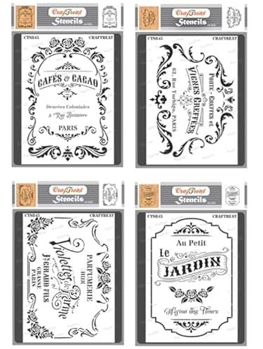 CrafTreat Wiederverwendbare Französische Möbel-Schablonen A4 (4 Stück) für Malerei auf Holz, Heimdekoration, Wandkunst, Leinwand, Fliesen, DIY-Zitate mit Buchstaben zum Schreiben