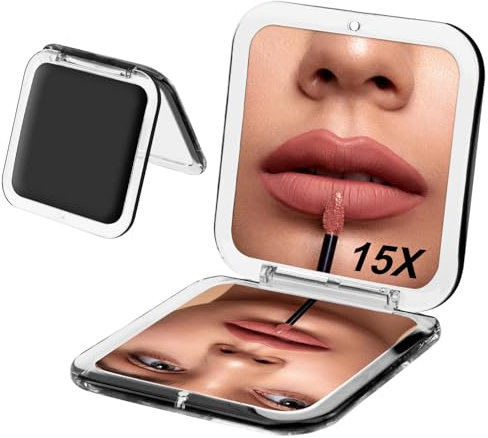 Leikedun Miroir de Poche Grossissant 15X/1X, Miroir Grossissant 15X pour Sac à Main, Miroir de Maquillage Compact pour Les Voyages, Petit Miroir de Poche Pliable et Portable, Carré 8,5 cm, Noir