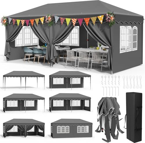 Faltpavillon 3x6, Pavillon 3x6 Wasserdicht Stabil Winterfest, Gartenzelt mit Seitenteilen, Partyzelt 420D Oxford, Gartenpavillon Höhenverstellbar,UV-Schutz 50+,Pavillon für Markt,Hochzeiten,Grau