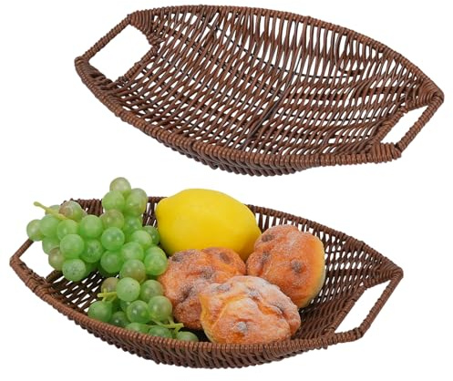 HMIEPRS 2Pcs Wicker Bread Basket, Imitation Rattan Fruit Basket with Handle, Stackable Oval Woven Baskets, Food Storage Wicker Baskets for Fruit Bread Vegetables Kitchen Restaurant Party (2 Size)