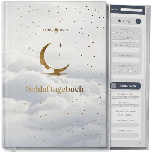 LEBENSKOMPASS® Schlaftagebuch Cozy - Undatiertes 12-Wochen-Journal zur Dokumentation der Schlafgewohnheiten mit Reflexionsfragen, Übungen und Tipps - DIN A5 Hardcover mit Goldveredelung, 120 Seiten