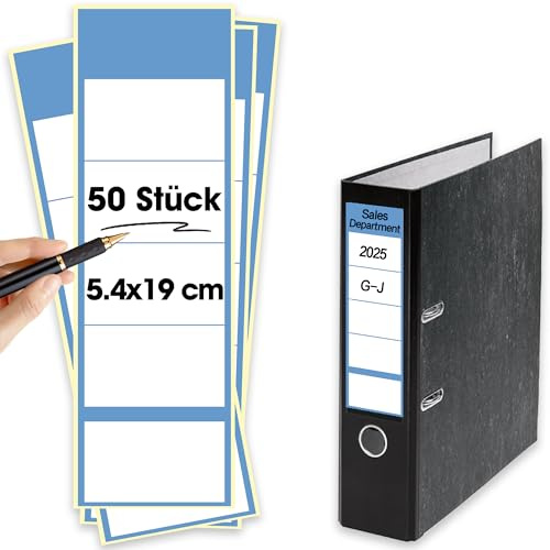 50 Stück Ordnerrücken-Etiketten selbstklebend Breit 5.4 x 19cm für 8 cm breite Aktenordner - Büro-Organisation (Blau)
