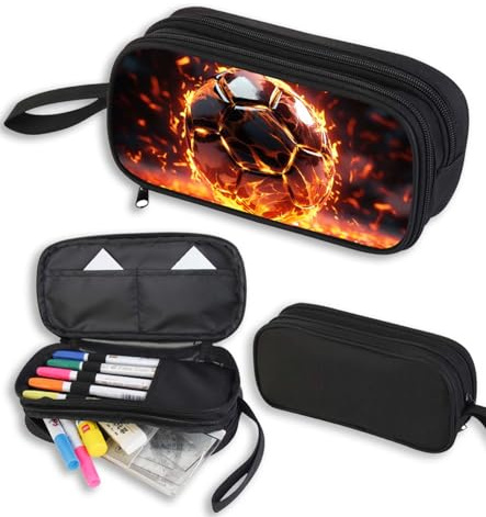 AnySmic Fußball-Federmäppchen für Jungen und Mädchen, Grundschule, großes Federmäppchen, Geschenke für Kinder, Polyester, großes Fassungsvermögen, Doppelreißverschluss, Stiftetaschen-Organizer
