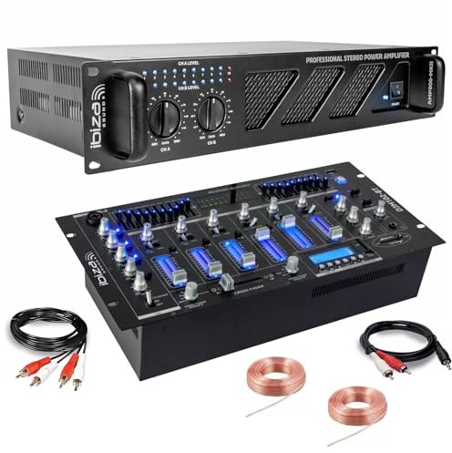 Ibiza – Pack DJ Sono Ampli Ibiza Sound AMP800-MKII 960W – Mesa Mezcladora Bluetooth DJM102-BT USB Jack XLR – Cables RCA Jack para altavoces incluidos