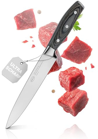 RÖSLE Fleischmesser WOLFGREY 18 cm, scharfe Klinge mit Pakkaholzgriff | Aus X50CrMoV15 Stahl mit 14° Schliff, für saubere Schnitte durch Braten, Steaks und Fisch, auch als Tranchiermesser