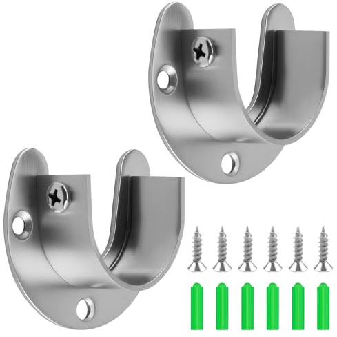 2 PCS Closet Rod Brackets 32mm Stainless Steel Wardrobe Curtain Pole Ends Sockets Heavy Duty Rail Bracket Support U Shaped Flange Rod Holder with Screws for Wardrobe Shower Bathroom Kitchen