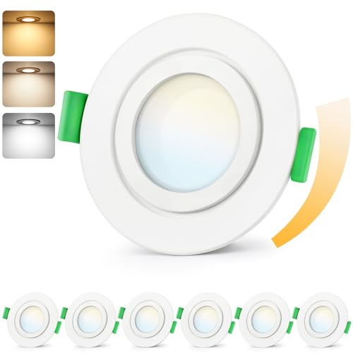 GeyouLux LED Einbaustrahler 230V Dimmbar, 5W IP65 3CCT Deckenspots | Einbauleuchten 65-75mm EinbauØ, 2700K/4000K/6000K Ultra Flach Einbauspots, Spots für Badezimmer 6er Set Weiß