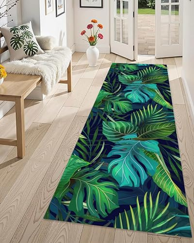 Leaf Washable Rug Runner,60x150cm, Summer Fresh Palm Leaves Tropical Green Blue Entrance Rugs Kitchen Carpet Runner, Non-Slip Monstera Plant Non-Shedding Accent Mat for Hallway Bedroom Closet