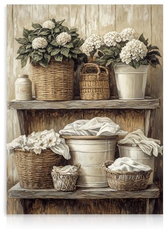 Dazzlewall Vintage Bauernhaus Wandkunst Dekor, Rustikale Floral Gewebte Korb Kunstwerk Druck für Wäsche Badezimmer Retro Botanisches Badezimmer Wanddekoration, 12x16 zoll Ungerahmt