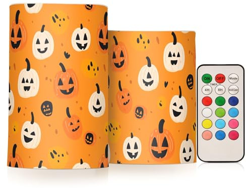 Motivo di Halloween con zucche disegnate a mano, 2 pezzi, candele a pilastro a LED per interni ed esterni, decorazione per feste e vacanze, con timer remoto