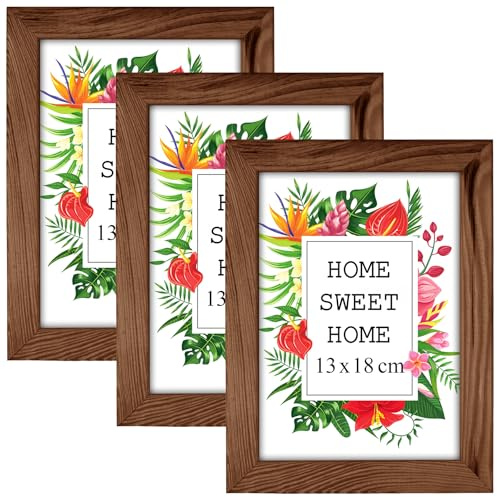 MG Design Set aus 3 Braun Bilderrahmen 13 x 18 cm – Aus echtem Holz mit Acrylglas, zum Aufhängen & Aufstellen, für Fotos, Poster & Puzzle