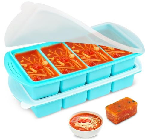 Weciau 2 Pack Silicone Freezer Moulds, 1000ML Ice Cube Tray with Lid, Reusable 4-Compartment Silicone Food Freezer Trays, Makes 8 1-Cup Portion Freezer Tray for Meal Prep, Soup, Sauce