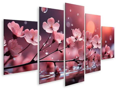 bilderfelix Quadro su tela Ramo di albero, fiori rosa, fiori di ciliegio, sakura, increspature d'acqua, schizzi - Tela 170x80 cm - 5 pannelli
