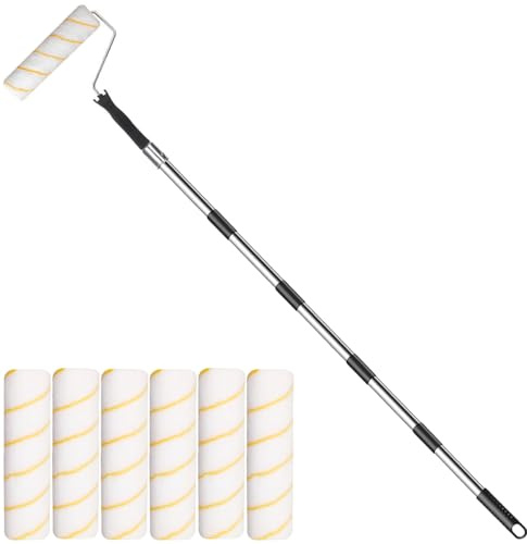 Paint Roller with 6 Sleeve, Extended Detachable Thickended Pole, Long Reach Wall Painting Tool, Mural Brush for Walls and Ceiling, 9Inch Sleeve.
