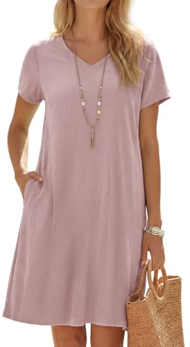 Enmain Vestidos Lino Mujer Verano Rosa Manga Corta Cuello V Vestido Midi Casual Playa con Bolsillos hasta la Rodilla sin Accesorios M