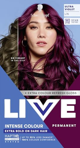 Schwarzkopf LIVE Intense Colour L76 Ultra Violet, Long-lasting Permanent Purple Hair Dye, Extra Bold on Darker Hair, With Extra Colour Refresh Gloss