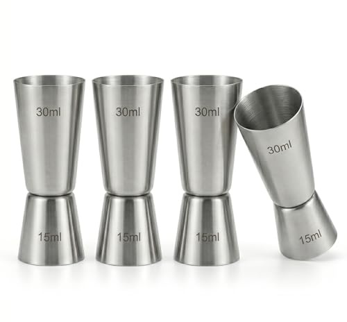 Spirit Measure 15ml 30ml (4 Pcs) Stainless Steel Cocktail Jigger, Shot Measure Cups for Alcohol & Spirits, Double Ended Drink Measure for Home Bar, Gin, Wine, Party - Accurate & Easy to Clean
