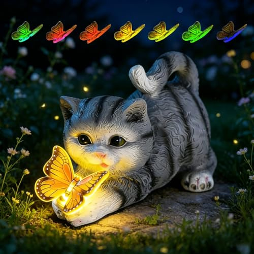 WRQIOO Gartendeko Katze, Solar Katze, Deko Kat-ze Garten mit Bunten Schmetterlinge Solarlampen & IP44 Wetterfest Geschenke für Frauen/Mutter/Oma, Hof Yard Dekoration