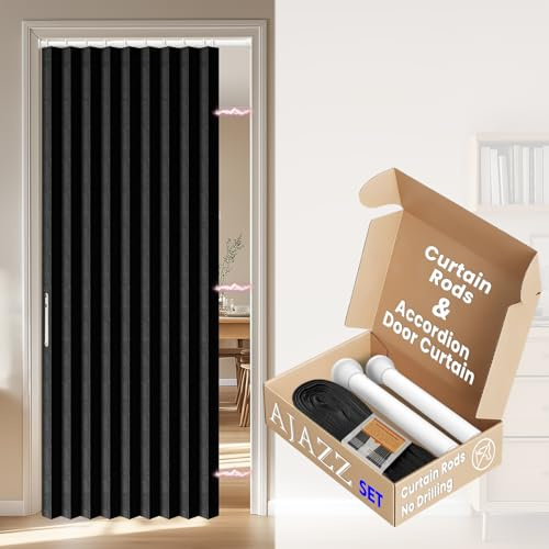 AJAZZ No-Drilling Door Curtain with Rod, Privacy Folding Screen, Light Filtering Fabric, UK Standard(W 43 x L 78-Black-1 Panels