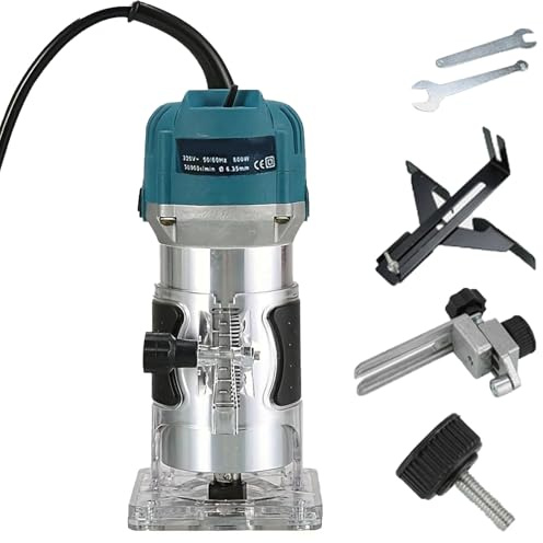 Fresatrice per frese a mano, fresatrice manuale per lavorazione del legno con base per tagliacapelli, fresatrice elettrica di precisione da 800W con set di fresa da 6,35mm da 15 pezzi