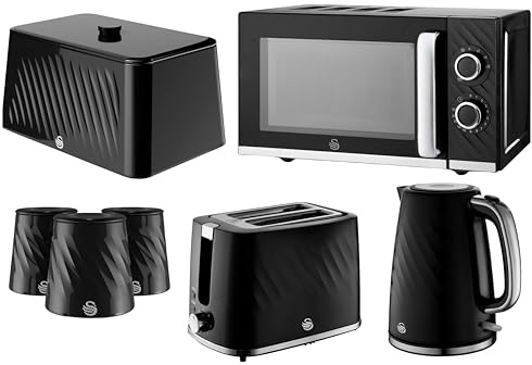 Swan Windsor Black 7 Piece Kitchen Appliance & Storage Set – 1.7L 3KW Kettle, 2 Slice Toaster, 20L 800W Microwave, Bread Bin & Canisters Bundle Set – Textured Gloss Finish with Chrome Accents