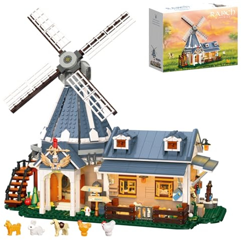 Fuleying Windmill Ranch Building Blocks Set, 1742 PCS Countryside Farm Cottage Building Bricks Kit, Rural House Architecture Display Model Toy, Home Office Decor, Birthday Gift for Adult Teen