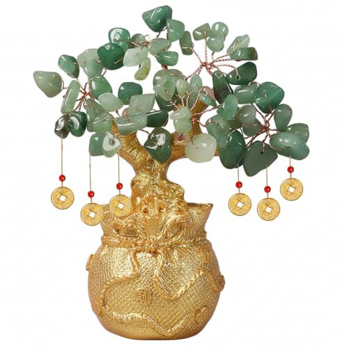 Pianta dei soldi albero dei soldi decorazione Feng Shui per casa e ufficio con pietra portafortuna albero di per la ricchezza pianta cinese in vaso dorato (14 cm)