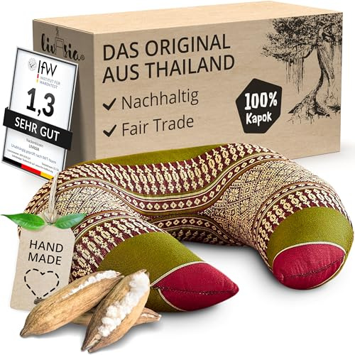livasia Nackenstützkissen Nackenhörnchen - 24x28x7cm - Nackenkissen U-Form, Sofakissen Muster, Reisekissen mit Kapok, Kissen Massageliege Gesichtsunterlage, handgefertigt (Rot/Grün)
