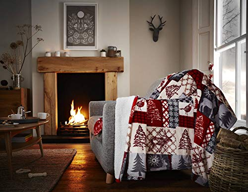 Happy Linen Company Christmas Patchwork Red Soft Warm Cosy Sherpa Fleece Flannel Sofa Throw Blanket Large